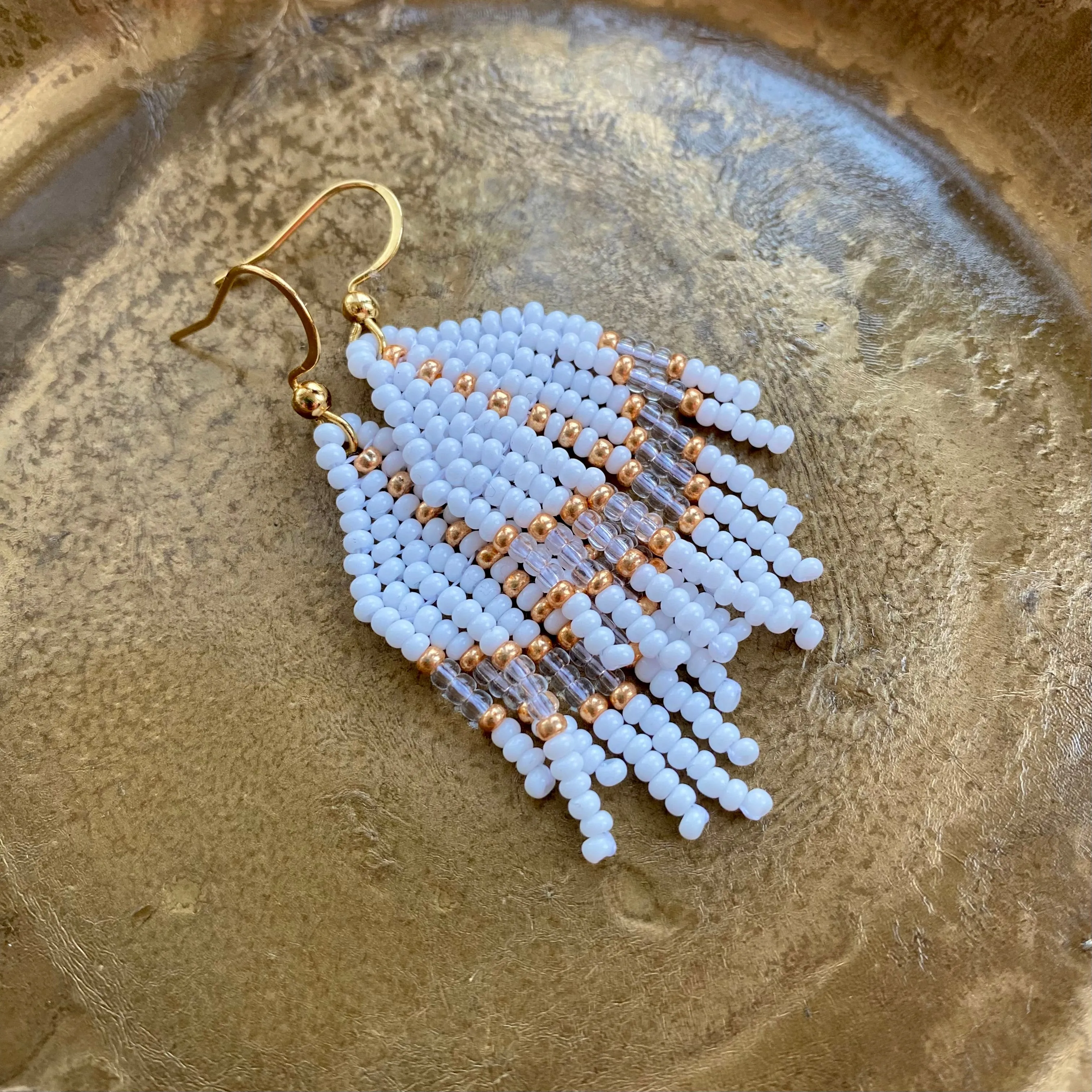 White Gold Seed Bead Earrings, Small Fringe Chandelier earrings for Women