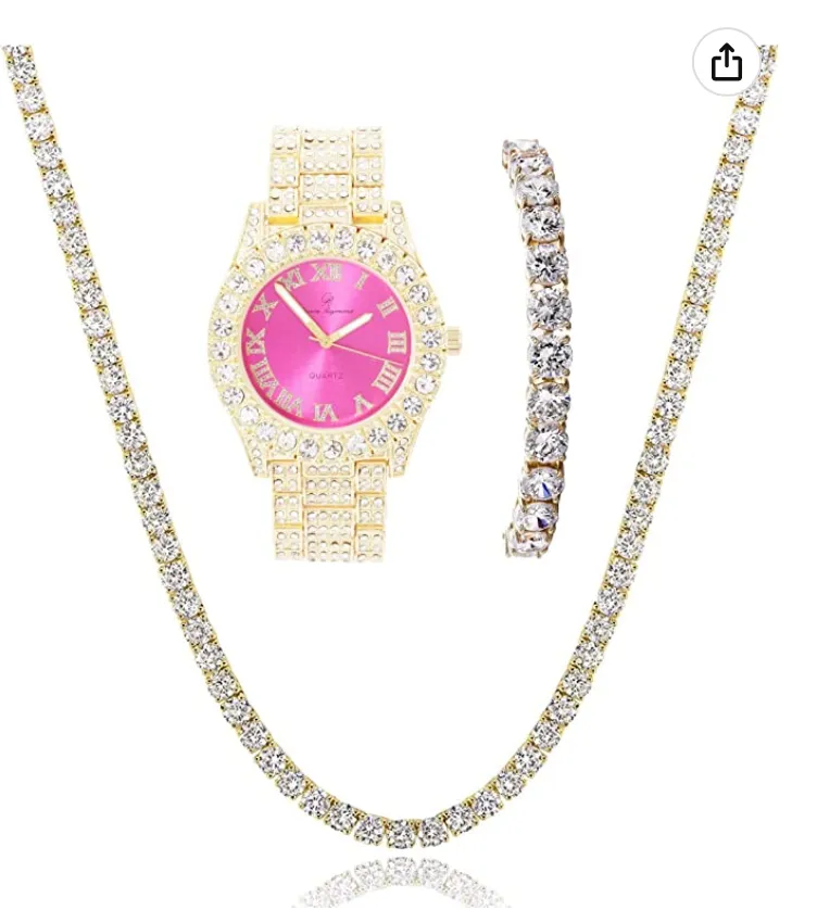 Womens Pink Dial Diamond Watch Set Ladies Silver Tennis Chain Bracelet Diamond Necklace Jewelry Hip Hop Watch Bust Down Roman Numerals Bling Red Green Color