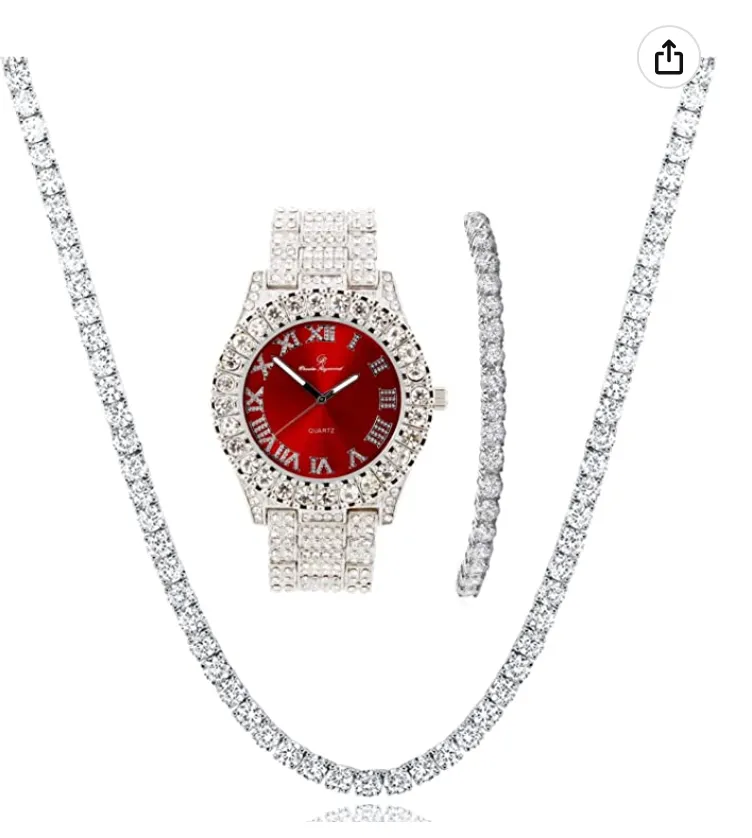 Womens Pink Dial Diamond Watch Set Ladies Silver Tennis Chain Bracelet Diamond Necklace Jewelry Hip Hop Watch Bust Down Roman Numerals Bling Red Green Color