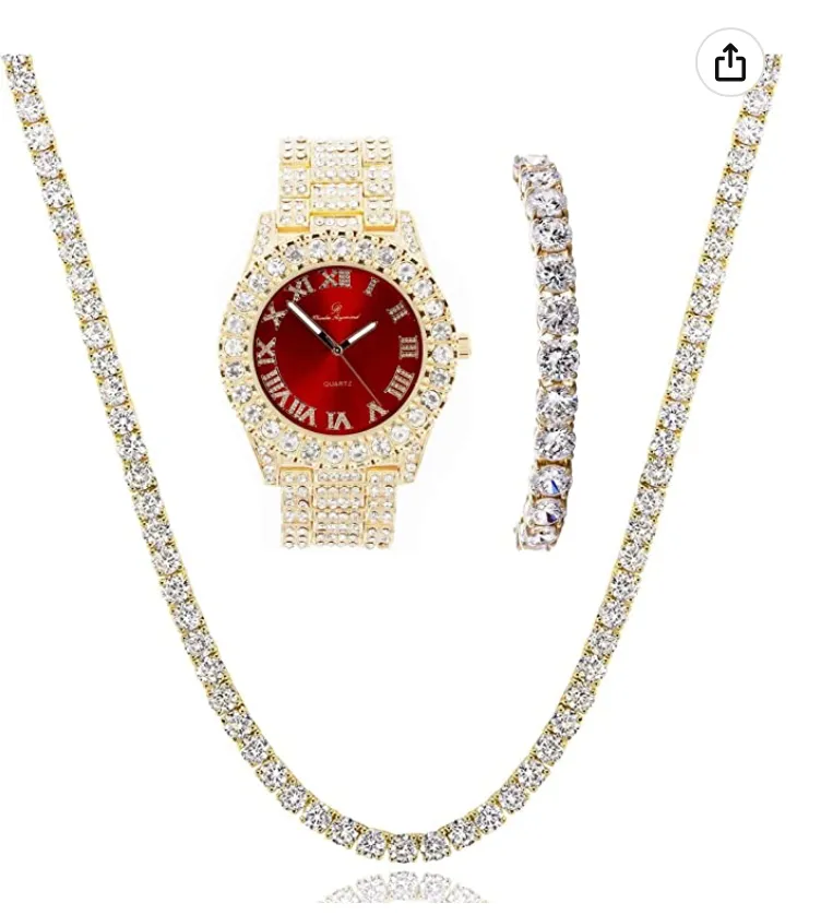 Womens Pink Dial Diamond Watch Set Ladies Silver Tennis Chain Bracelet Diamond Necklace Jewelry Hip Hop Watch Bust Down Roman Numerals Bling Red Green Color