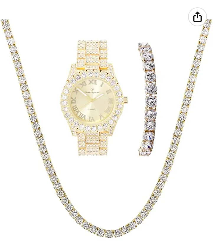 Womens Pink Dial Diamond Watch Set Ladies Silver Tennis Chain Bracelet Diamond Necklace Jewelry Hip Hop Watch Bust Down Roman Numerals Bling Red Green Color