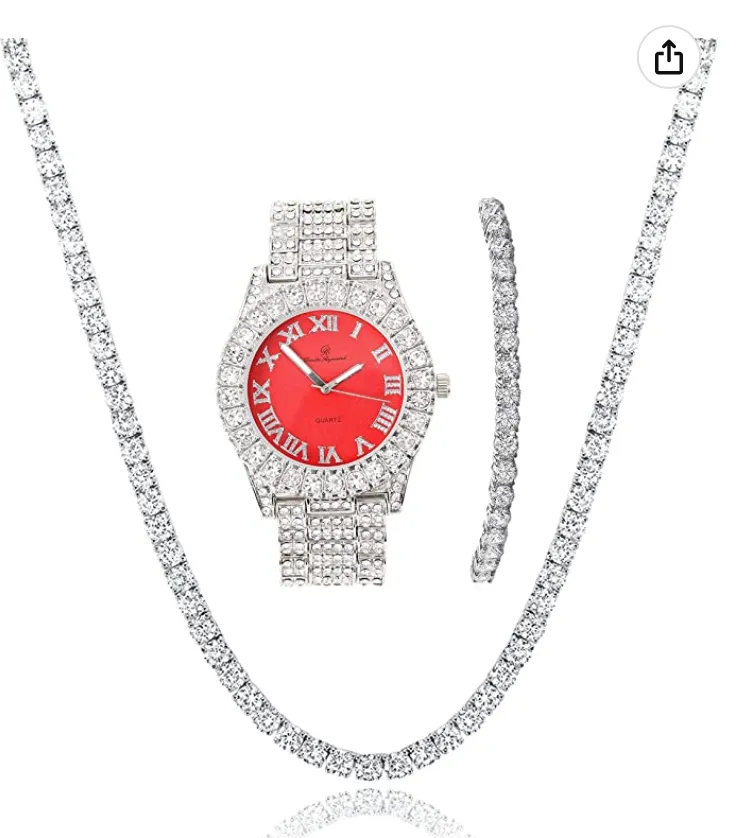 Womens Pink Dial Diamond Watch Set Ladies Silver Tennis Chain Bracelet Diamond Necklace Jewelry Hip Hop Watch Bust Down Roman Numerals Bling Red Green Color