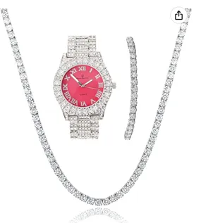 Womens Pink Dial Diamond Watch Set Ladies Silver Tennis Chain Bracelet Diamond Necklace Jewelry Hip Hop Watch Bust Down Roman Numerals Bling Red Green Color
