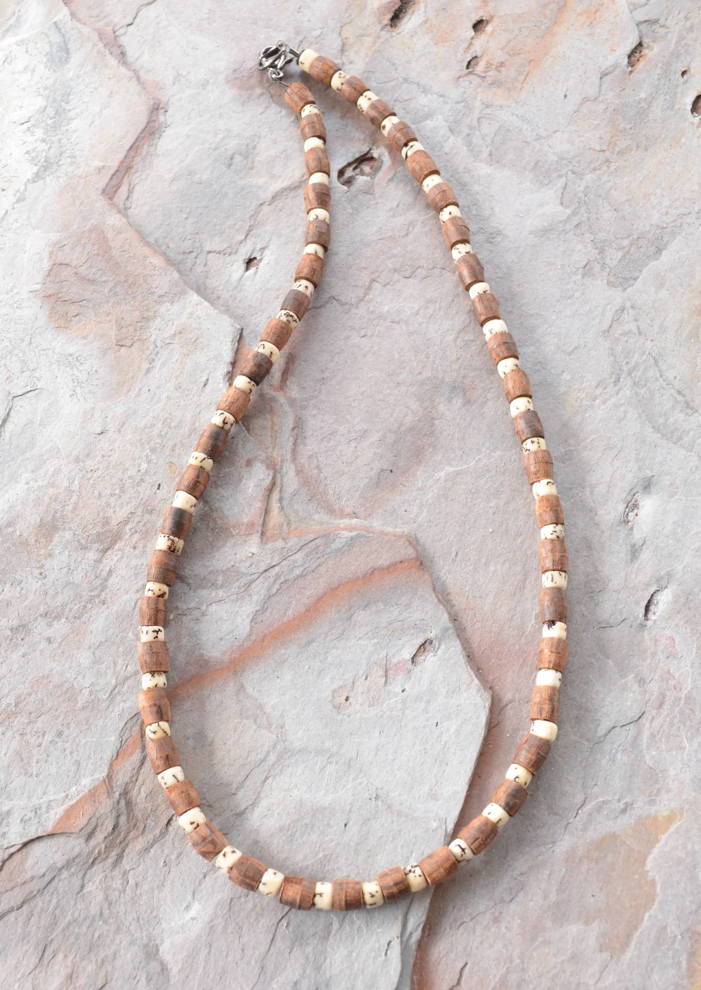 Wood Betel Nut Mens Necklace Beaded Long Short Surfer Necklace - Dennis