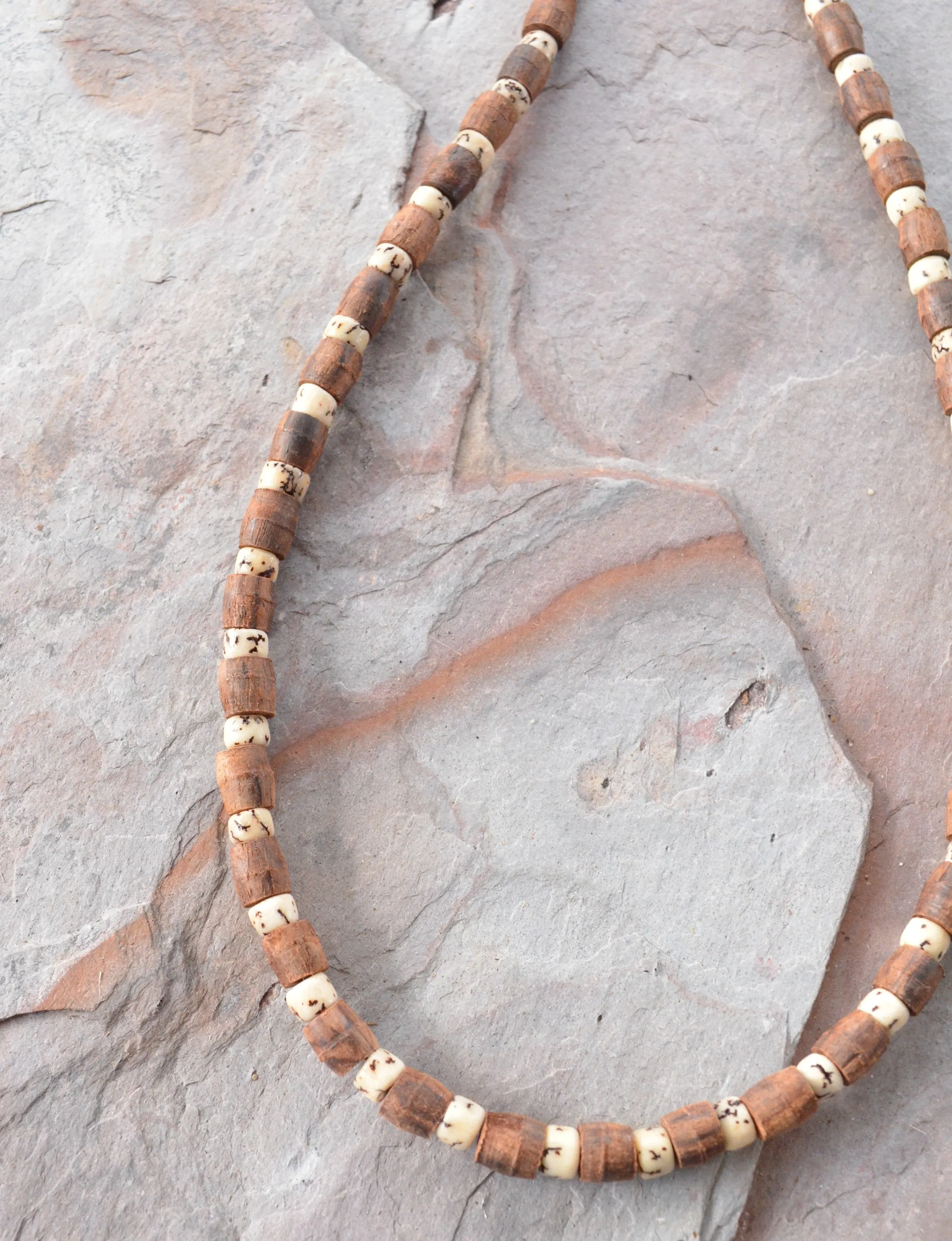 Wood Betel Nut Mens Necklace Beaded Long Short Surfer Necklace - Dennis
