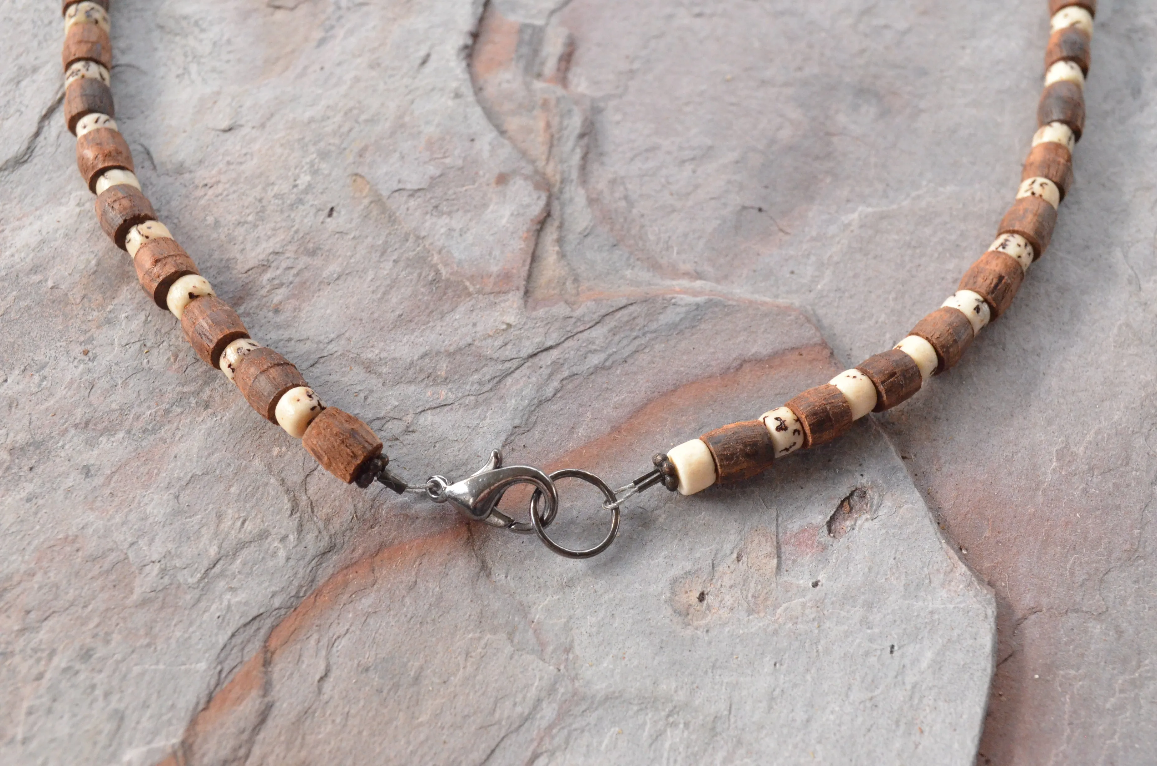 Wood Betel Nut Mens Necklace Beaded Long Short Surfer Necklace - Dennis