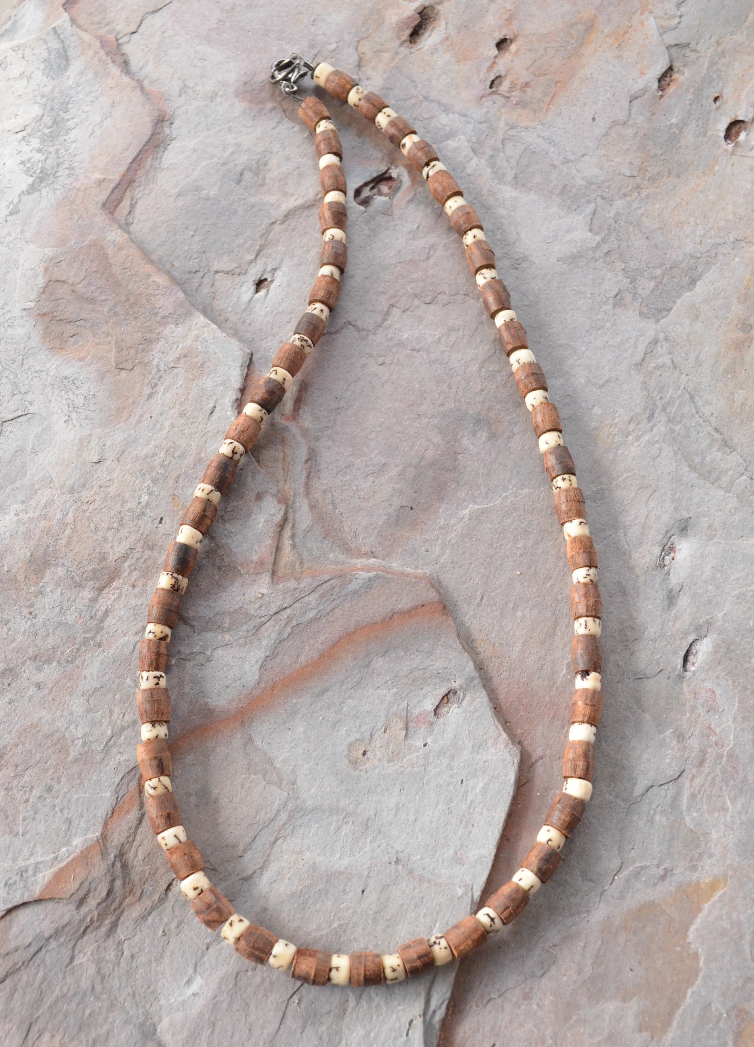 Wood Betel Nut Mens Necklace Beaded Long Short Surfer Necklace - Dennis