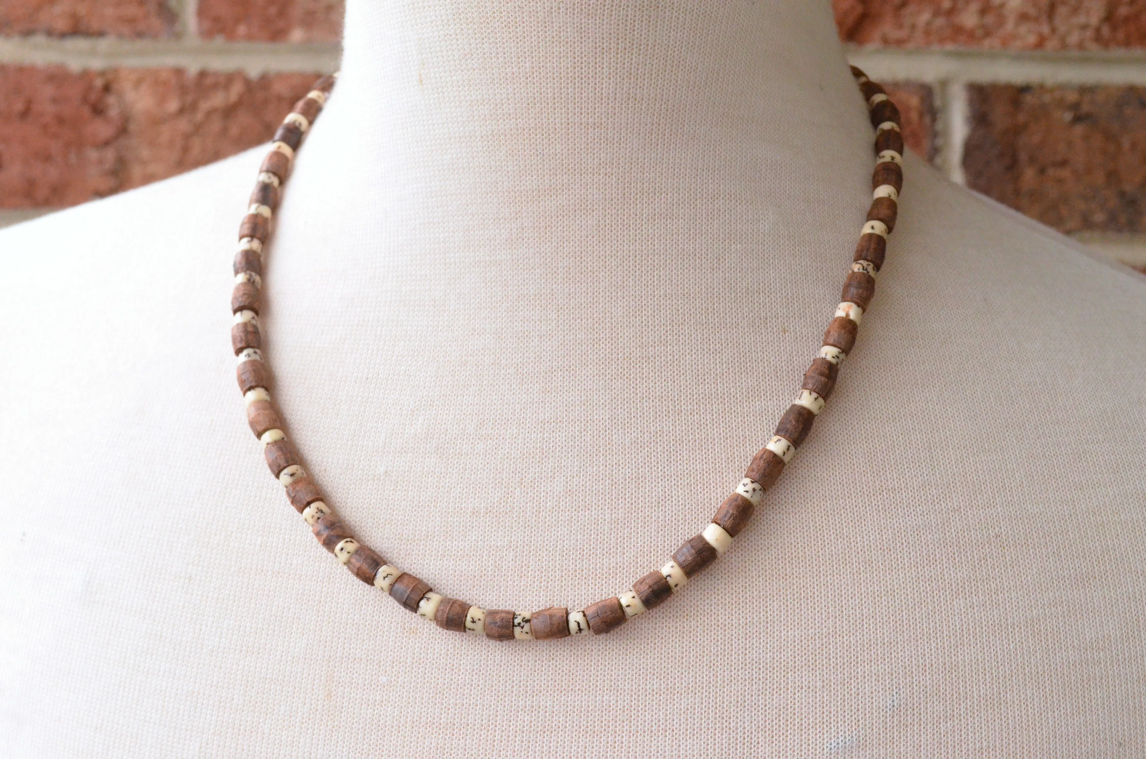 Wood Betel Nut Mens Necklace Beaded Long Short Surfer Necklace - Dennis