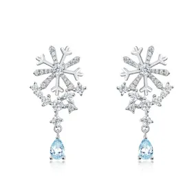 Zircon Snowflake with Pear Shape Sky Blue Topaz Sterling Silver Drop Earrings