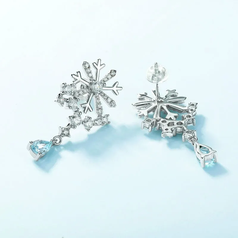 Zircon Snowflake with Pear Shape Sky Blue Topaz Sterling Silver Drop Earrings